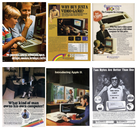 1980s computer and game ads: 'Why buy just a videogame?', 'Two bytes are better than one', 'What kind of man owns this computer?'